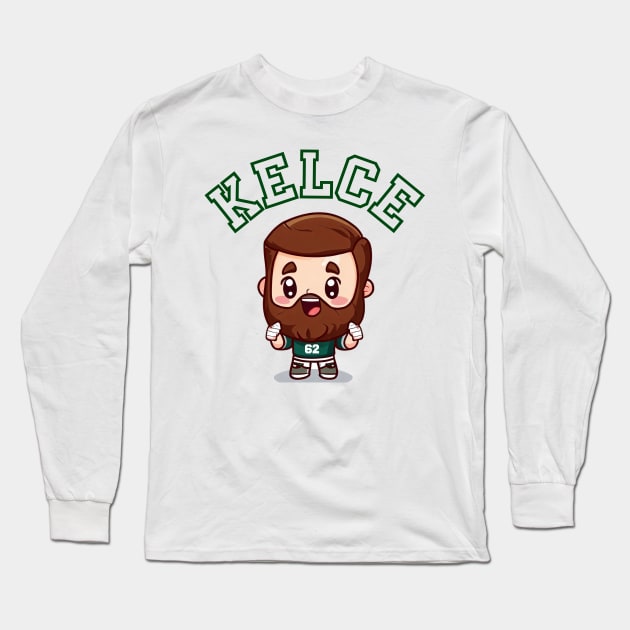 Jason Kelce Kawaii Philadelphia Eagles (Green Text) Long Sleeve T-Shirt by Curious Sausage